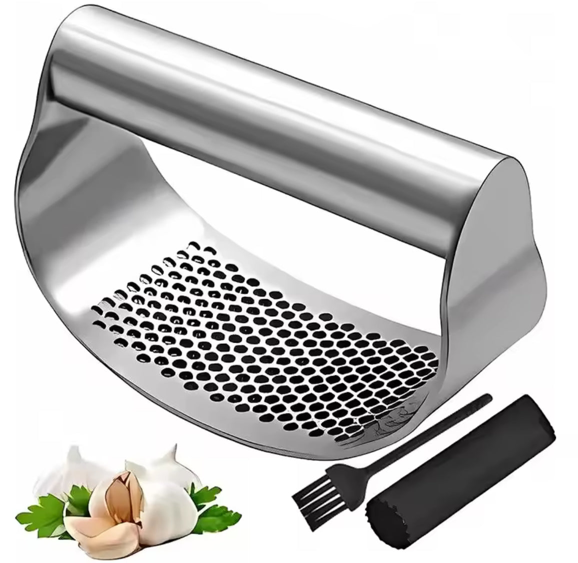Stainless steel garlic press squeezer by Problems Solved, showing its durable manual design and sleek metal construction.