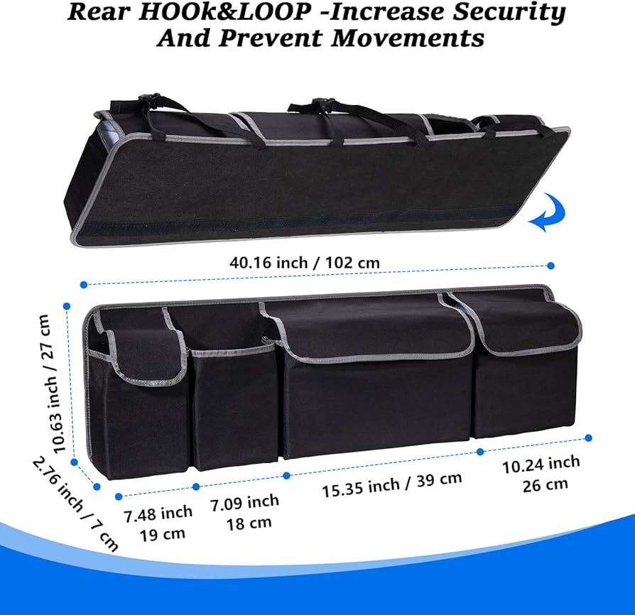 Problems Solved car back seat organizer with four pockets, ideal for storing travel essentials in the vehicle interior.