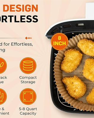Set of 100 disposable air fryer paper liners by Problems Solved, round 7.9-inch size for easy cooking and cleanup.