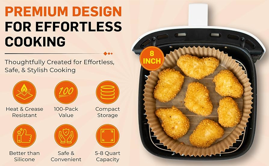 Set of 100 disposable air fryer paper liners by Problems Solved, round 7.9-inch size for easy cooking and cleanup.