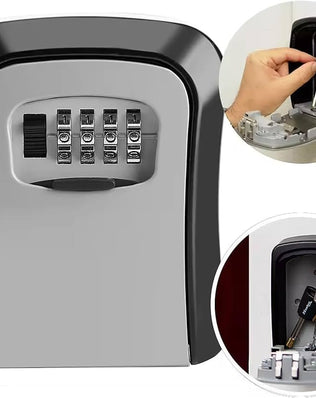 Wall-mounted Problems Solved key safe lock box with numeric keypad for outdoor key storage and secure access.