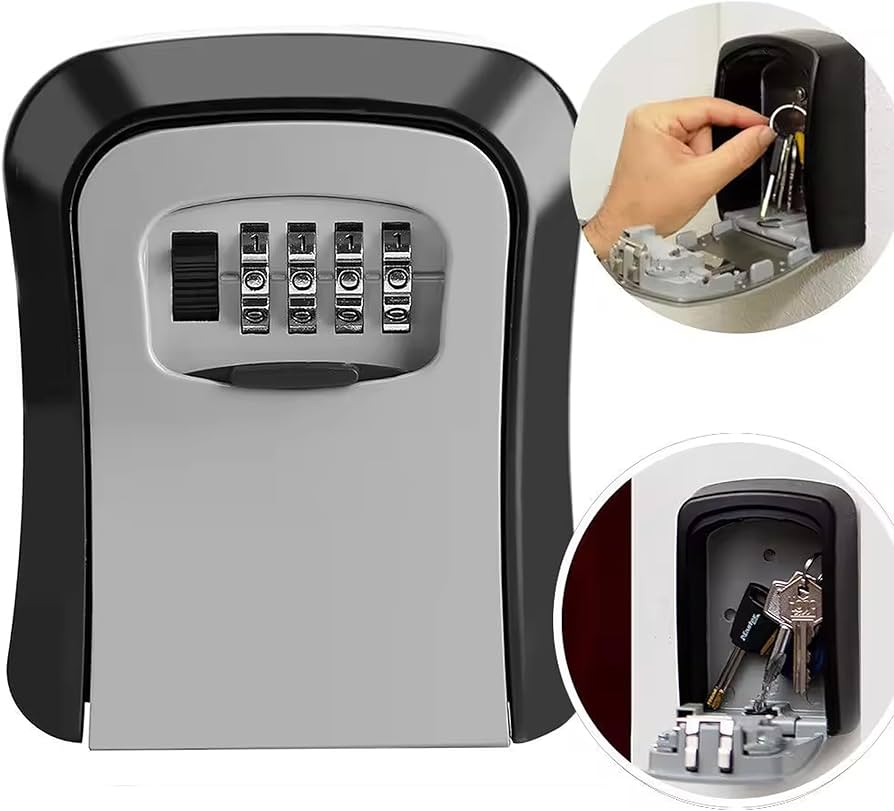 Wall-mounted Problems Solved key safe lock box with numeric keypad for outdoor key storage and secure access.