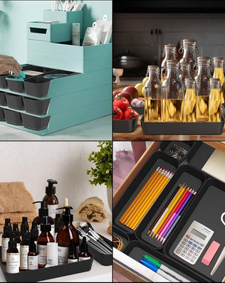 Problems Solved 16-piece drawer organiser box set for kitchen and bathroom storage, featuring adjustable compartments.