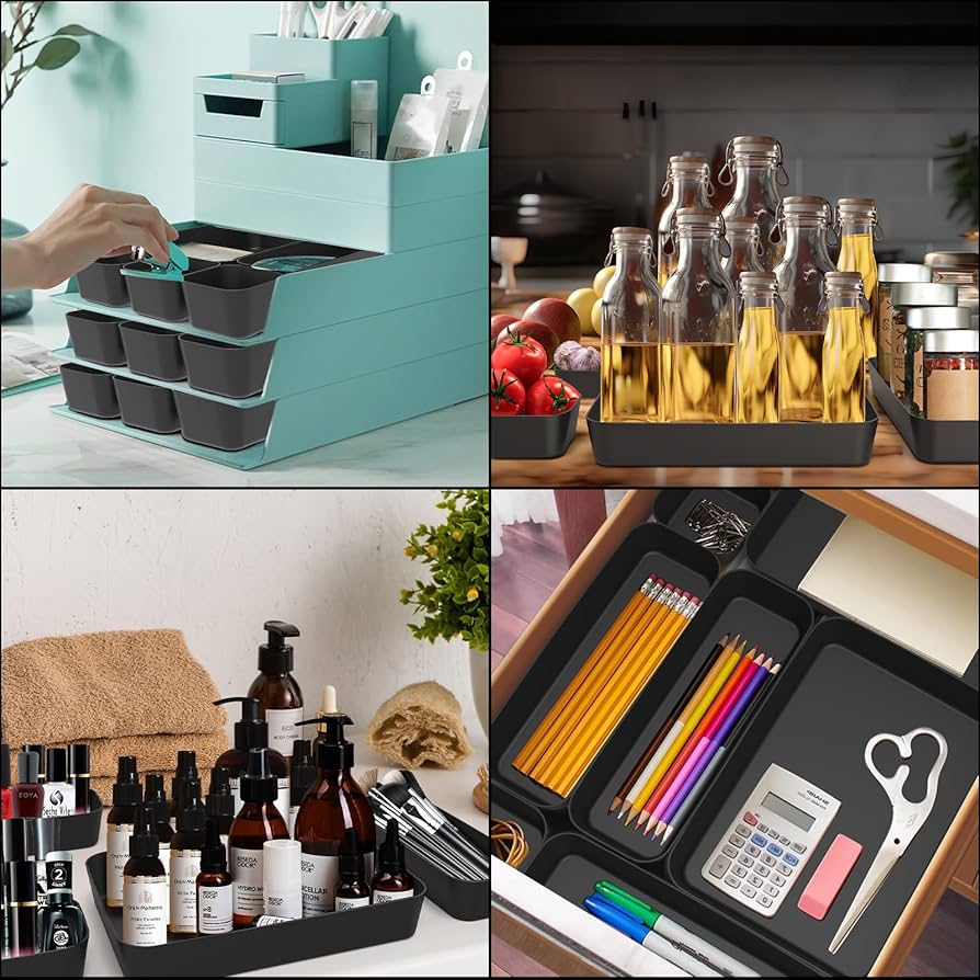 Problems Solved 16-piece drawer organiser box set for kitchen and bathroom storage, featuring adjustable compartments.