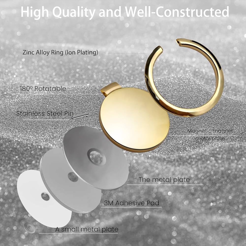 Problems Solved gold phone ring holder stand with finger grip and kickstand on a phone case, providing secure grip and hands-free support.