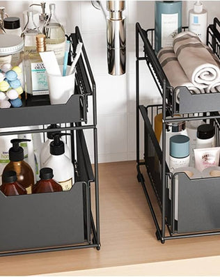 Problems Solved 2-tier under sink storage organizer with slide-out drawers, ideal for kitchen under sink organization.