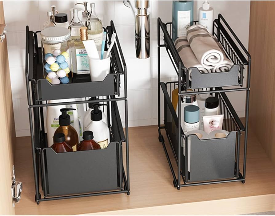 Problems Solved 2-tier under sink storage organizer with slide-out drawers, ideal for kitchen under sink organization.