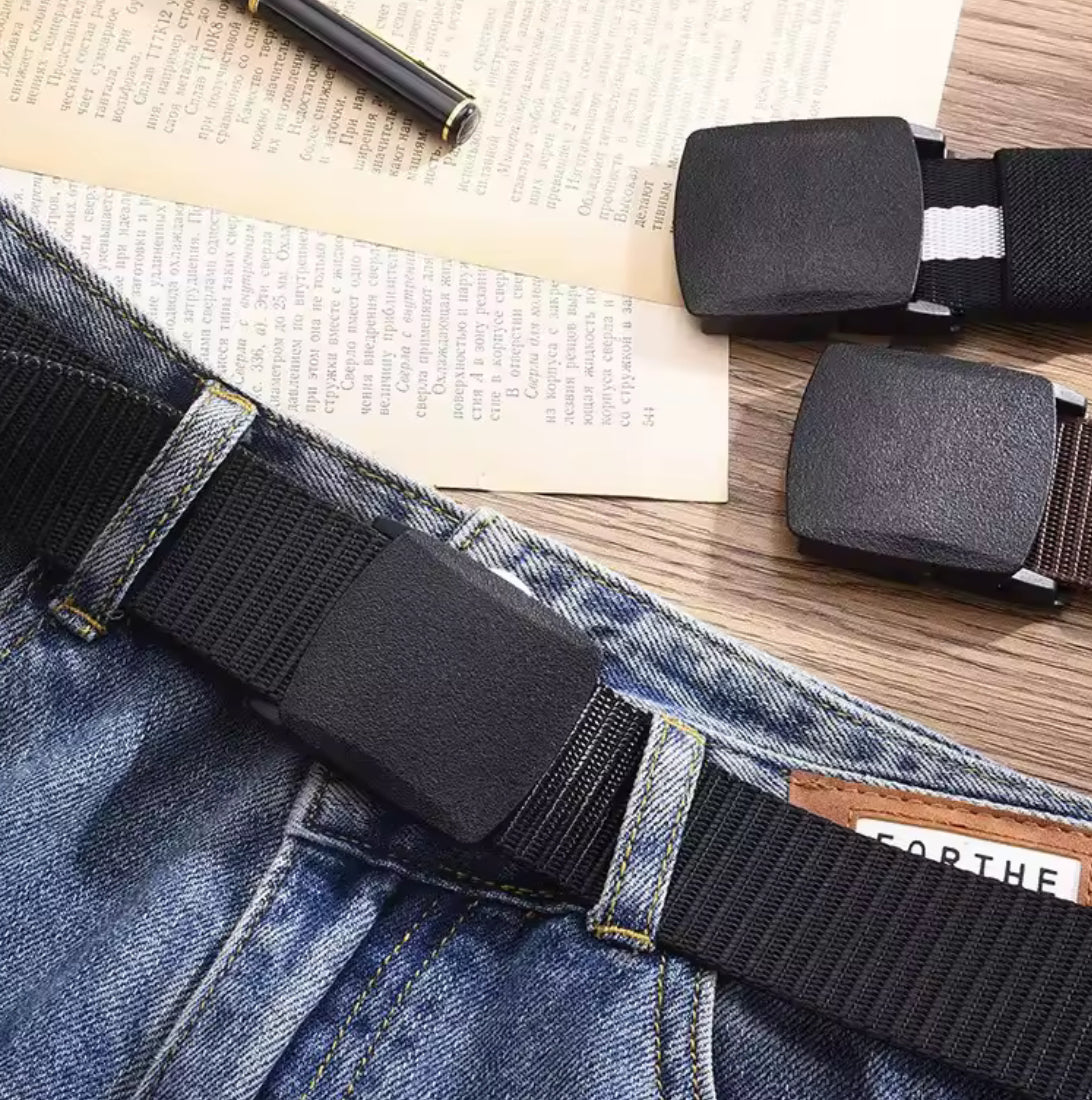 Men's outdoor casual canvas belt by Problems Solved with a metal-free buckle, shown in a close-up view.