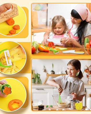 Kids Knife Set by Problems Solved, 17-piece safety kitchen knife set designed for children’s real cooking with colorful, child-friendly utensils.