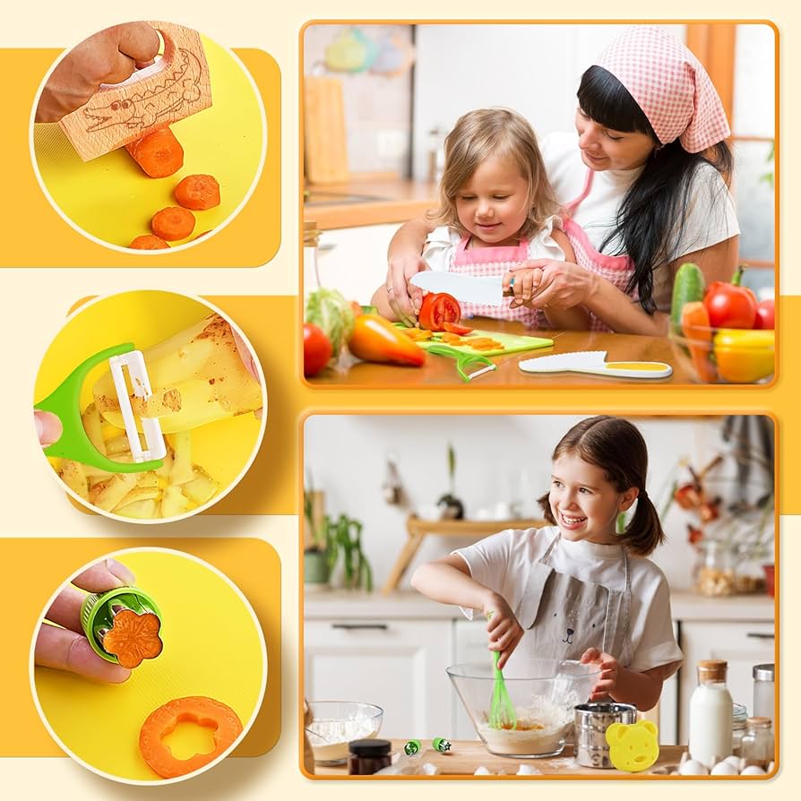 Kids Knife Set by Problems Solved, 17-piece safety kitchen knife set designed for children’s real cooking with colorful, child-friendly utensils.