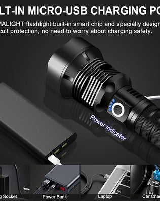 Rechargeable LED flashlight with high lumens and XHP90.2 super bright tactical design, branded Problems Solved, shown in a dark setting.