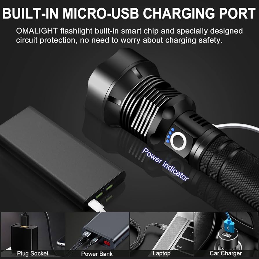 Rechargeable LED flashlight with high lumens and XHP90.2 super bright tactical design, branded Problems Solved, shown in a dark setting.