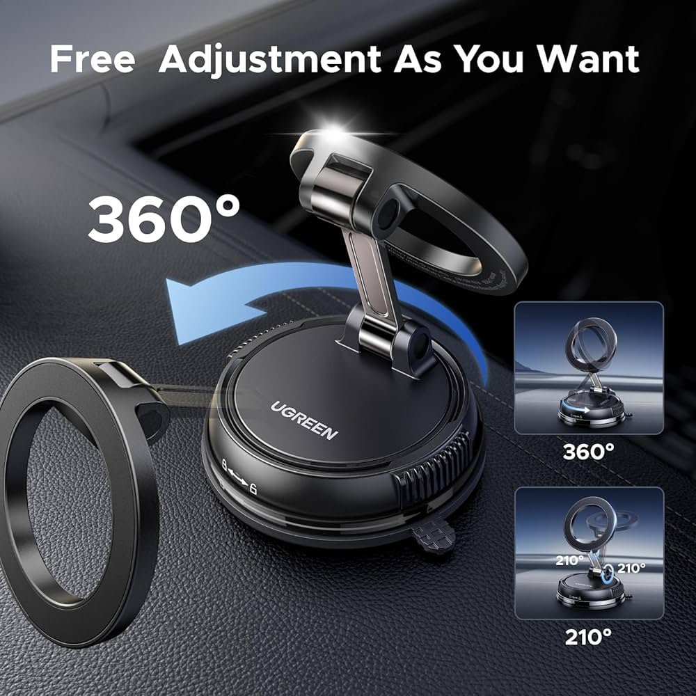 Problems Solved UGREEN MagSafe car mount with suction cup and 360° magnetic phone holder for secure vehicle mounting.