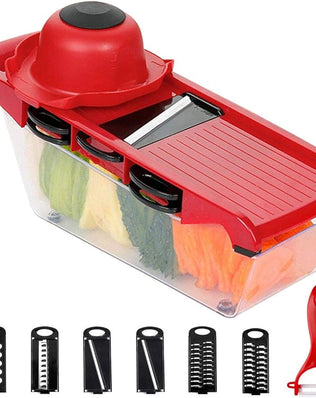 Problems Solved 6-in-1 professional kitchen mandolin with multiple blades for slicing, julienning, and dicing vegetables.