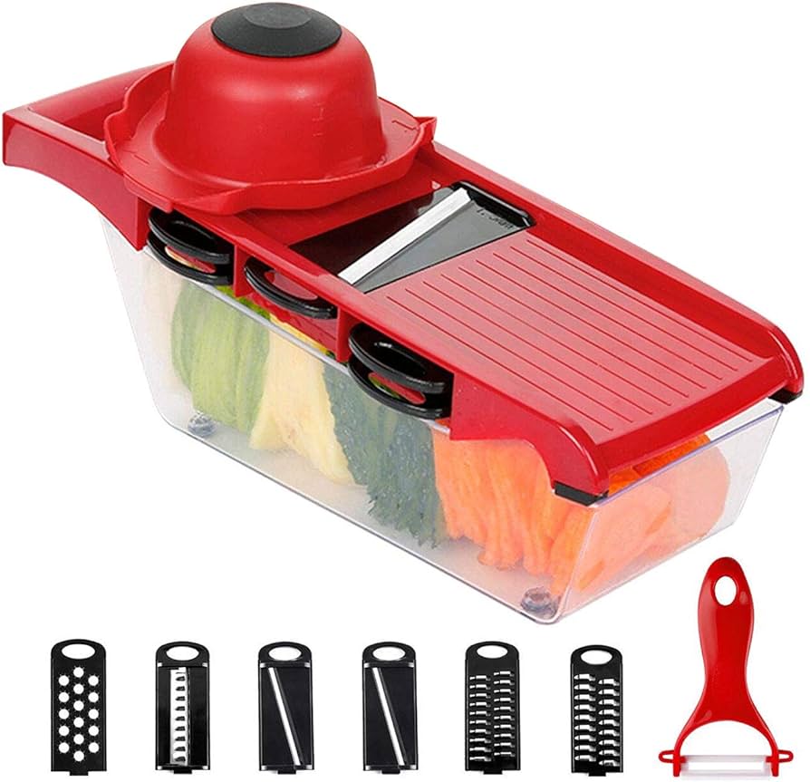 Problems Solved 6-in-1 professional kitchen mandolin with multiple blades for slicing, julienning, and dicing vegetables.