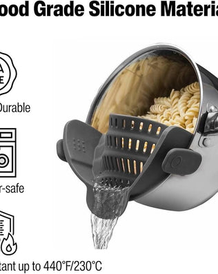 Silicone pot strainer clip-on for pots and pans, heat-resistant kitchen drainer shown in use on a stovetop.