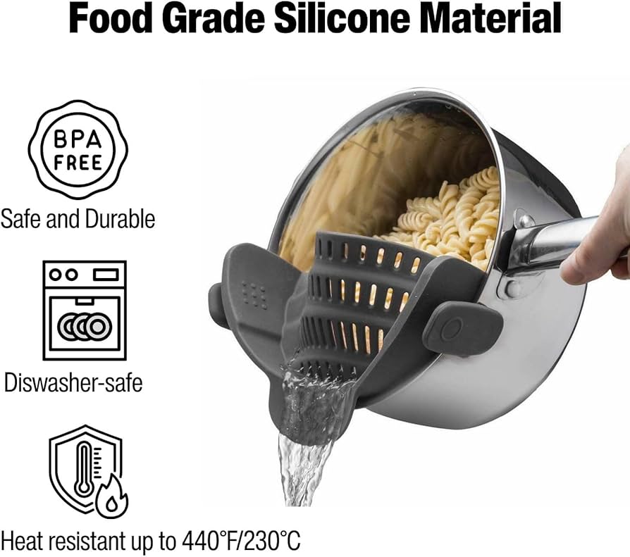 Silicone pot strainer clip-on for pots and pans, heat-resistant kitchen drainer shown in use on a stovetop.
