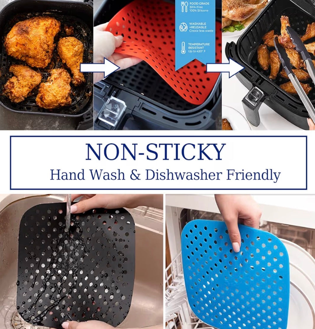Problems Solved 8.5 inch square reusable silicone air fryer liners, non-stick and heat-resistant, ideal for easy cleaning and cooking.