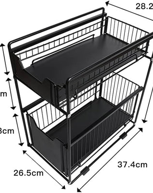 Problems Solved 2-tier under sink storage organizer with slide-out drawers for kitchen organization and easy access.