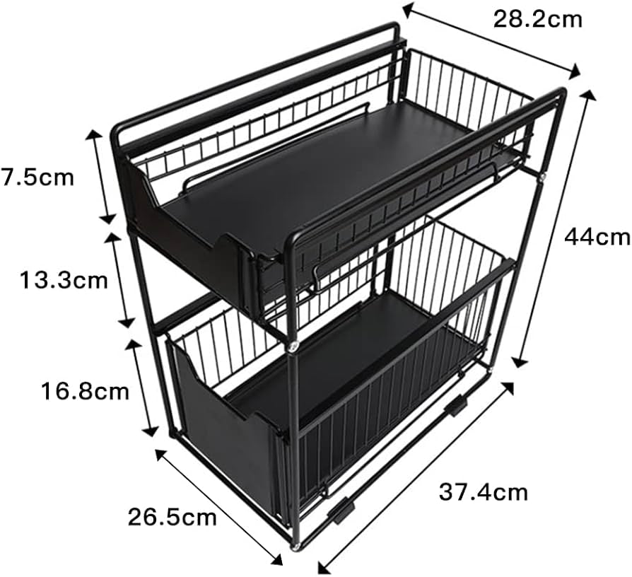 Problems Solved 2-tier under sink storage organizer with slide-out drawers for kitchen organization and easy access.