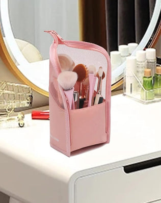 Problems Solved multifunctional makeup brush organiser bag with half-clear design, ideal for storing and carrying makeup brushes.