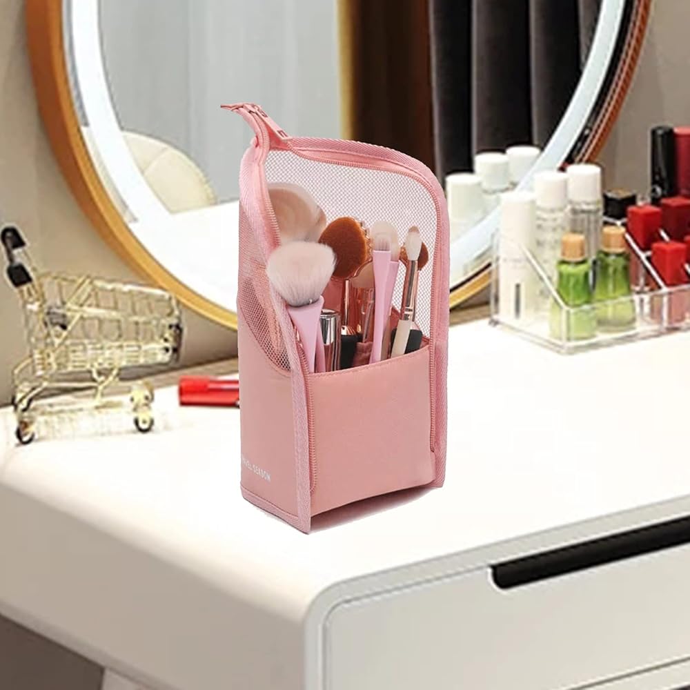Problems Solved multifunctional makeup brush organiser bag with half-clear design, ideal for storing and carrying makeup brushes.