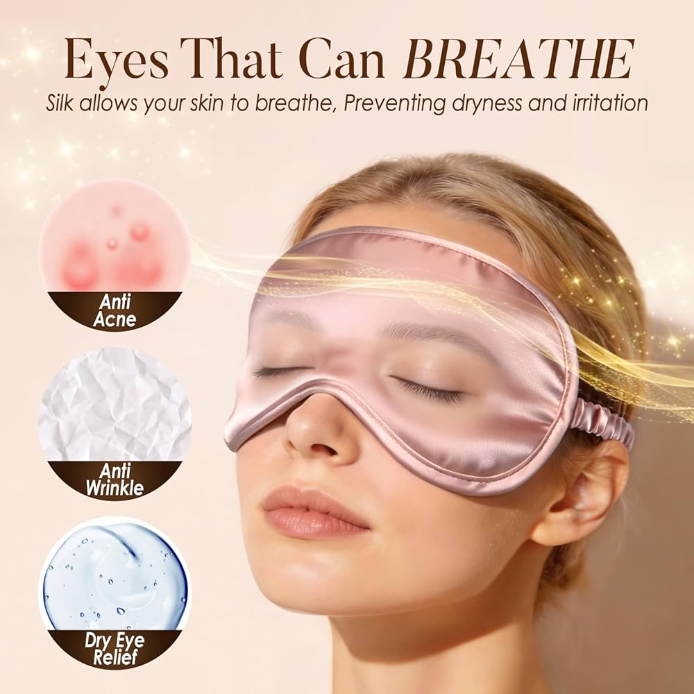 Problems Solved mulberry silk sleep mask with elastic band, soft eye mask for sleeping, travel, and napping.