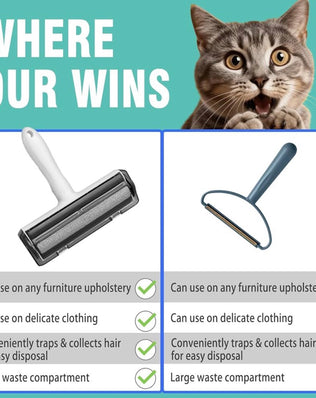 Reusable lint roller for pet hair by Problems Solved, showing a close-up of the sticky roller with pet hair on it.