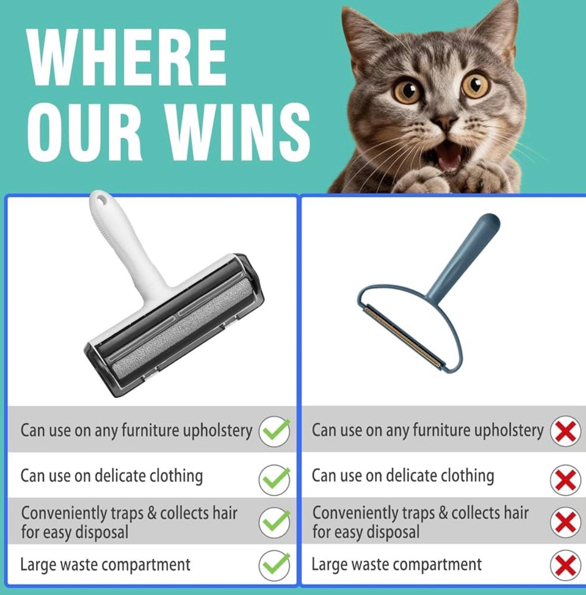 Reusable lint roller for pet hair by Problems Solved, showing a close-up of the sticky roller with pet hair on it.
