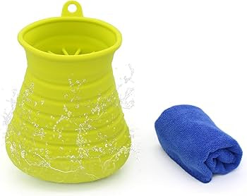 Problems Solved portable silicone dog paw cleaner and foot scrubber with cup for muddy paw cleaning, soft silicone bristles and ergonomic design.