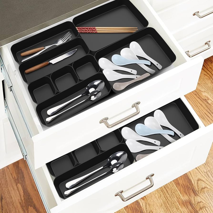 Problems Solved 16-piece drawer organizer box set for kitchen and bathroom storage, with compartments for efficient organization.