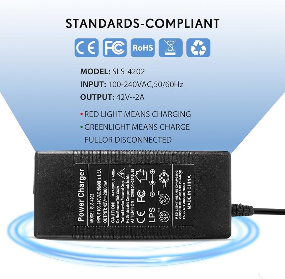 Problems Solved 42V 2A electric scooter charger for Xiaomi M365, Pro, Pro 2, and Xiaomi 3 models, shown plugged into a power outlet.