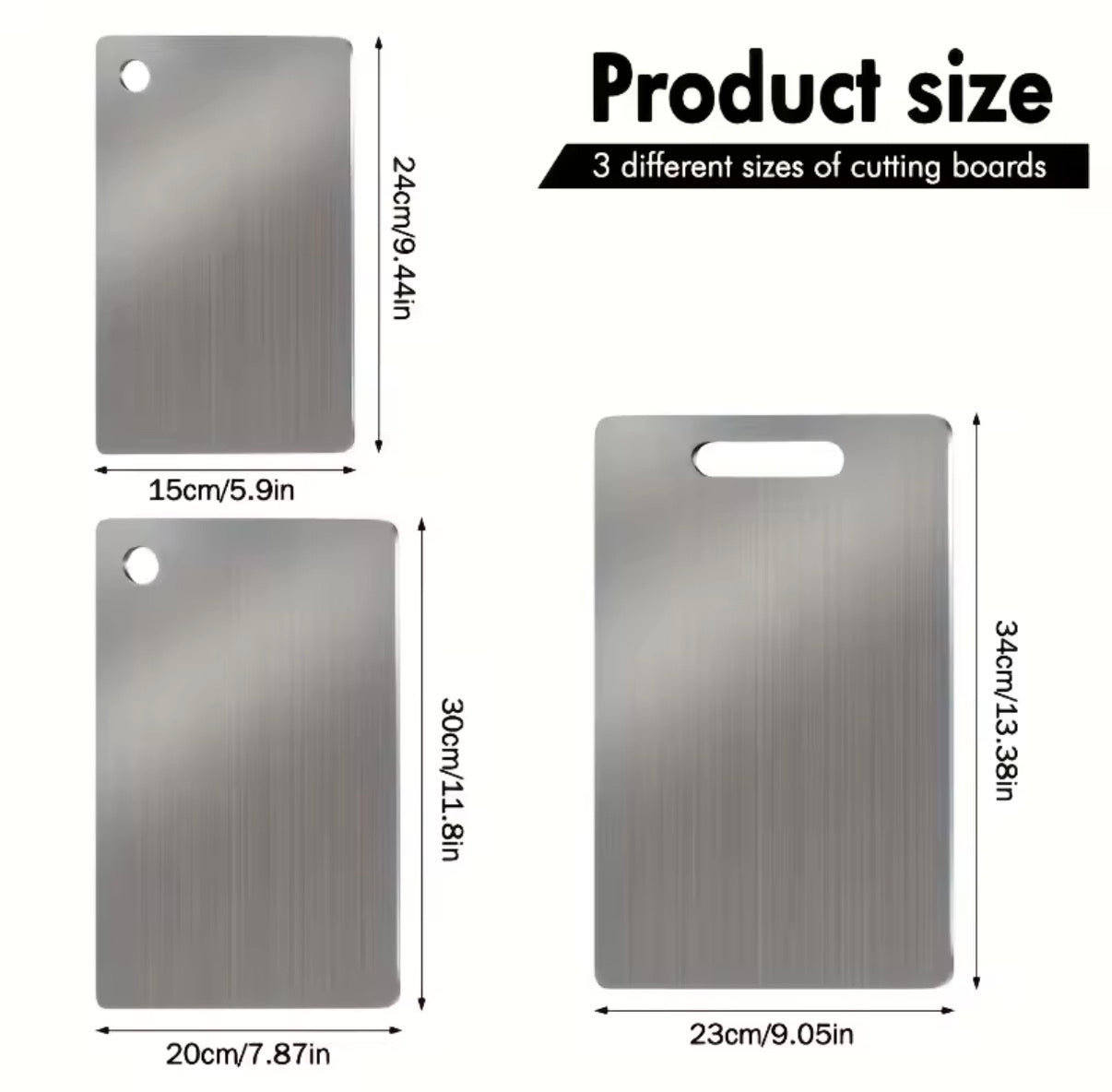 Set of three stainless steel cutting boards from Problems Solved with non-slip bases, dishwasher safe, ideal for kitchen prep.