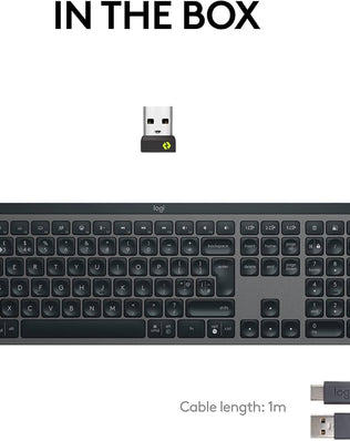 Logitech MX Keys S wireless low-profile keyboard with fluid quiet typing and programmable keys, shown on a clean workspace.