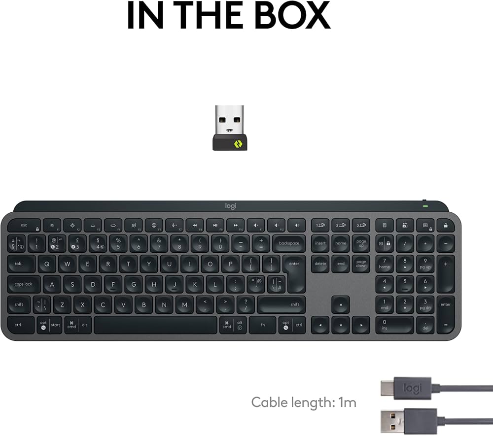 Logitech MX Keys S wireless low-profile keyboard with fluid quiet typing and programmable keys, shown on a clean workspace.
