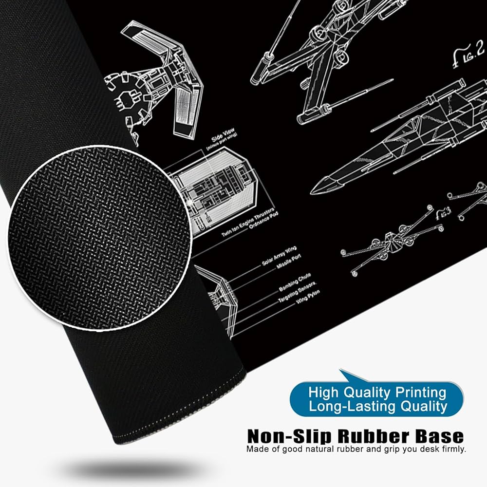 Large black gaming mouse mat from Problems Solved, XL desk pad measuring 31.5x11.8 inches with a smooth surface for gaming and work.