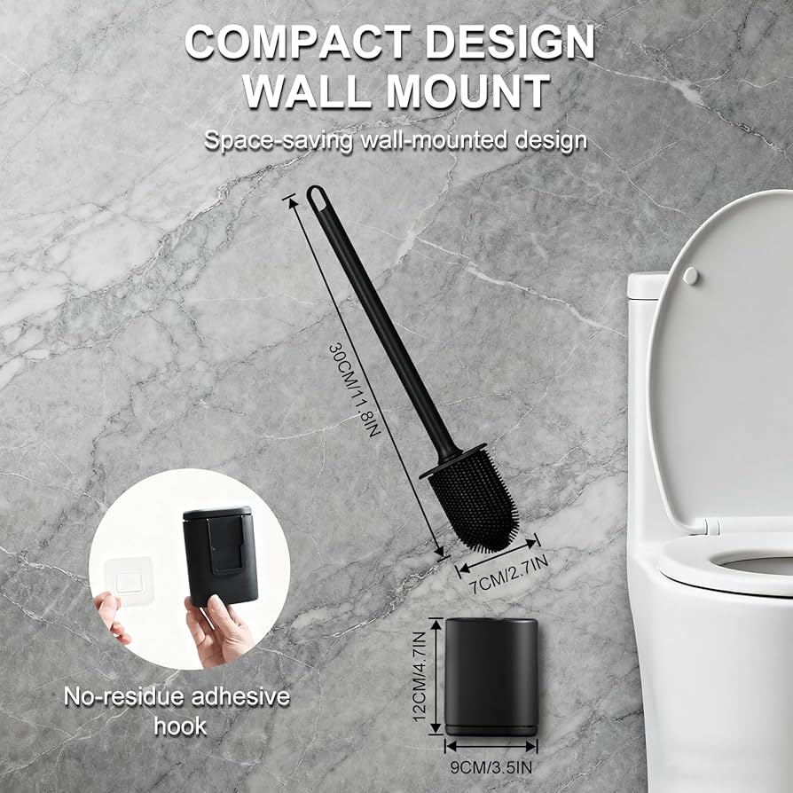 Toilet Brush and Holder with Flat Flexible Silcone Head & Durable and Flexible Bristles