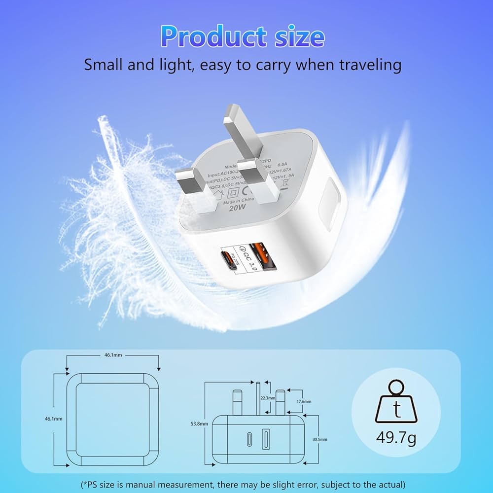 Problems Solved USB C 20W fast charger plug for iPhone, UK power adapter with USB C connector and compact design.