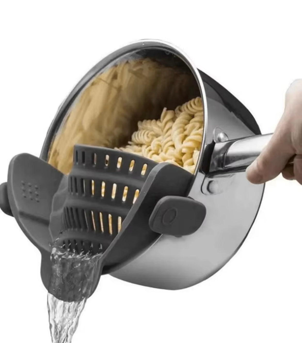 Adjustable silicone clip-on drainer for pots, pans, and bowls by Problems Solved, shown attached to a kitchen dish.