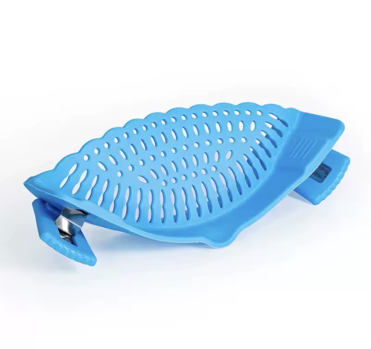 Problems Solved clip-on snap strainer for pots and pans, heat-resistant silicone, hands-free kitchen strainer tool.