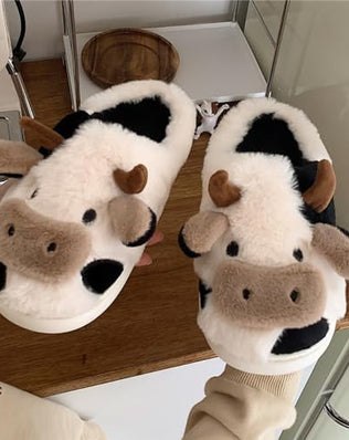 Cow Slippers Women Men Plush Mules Winter Soft Warm Comfortable Fluffy