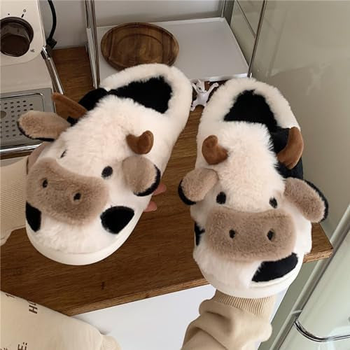 Cow Slippers Women Men Plush Mules Winter Soft Warm Comfortable Fluffy