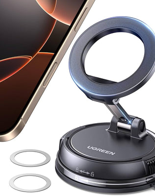 Problems Solved UGREEN MagSafe car mount with 2500gf magnetic phone holder and suction cup, adjustable 360° for secure vehicle mounting.