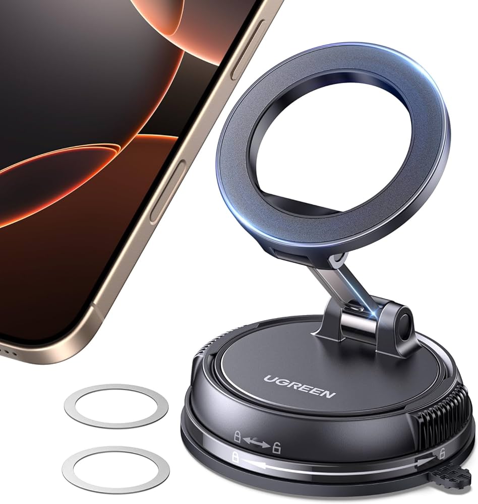 Problems Solved UGREEN MagSafe car mount with 2500gf magnetic phone holder and suction cup, adjustable 360° for secure vehicle mounting.