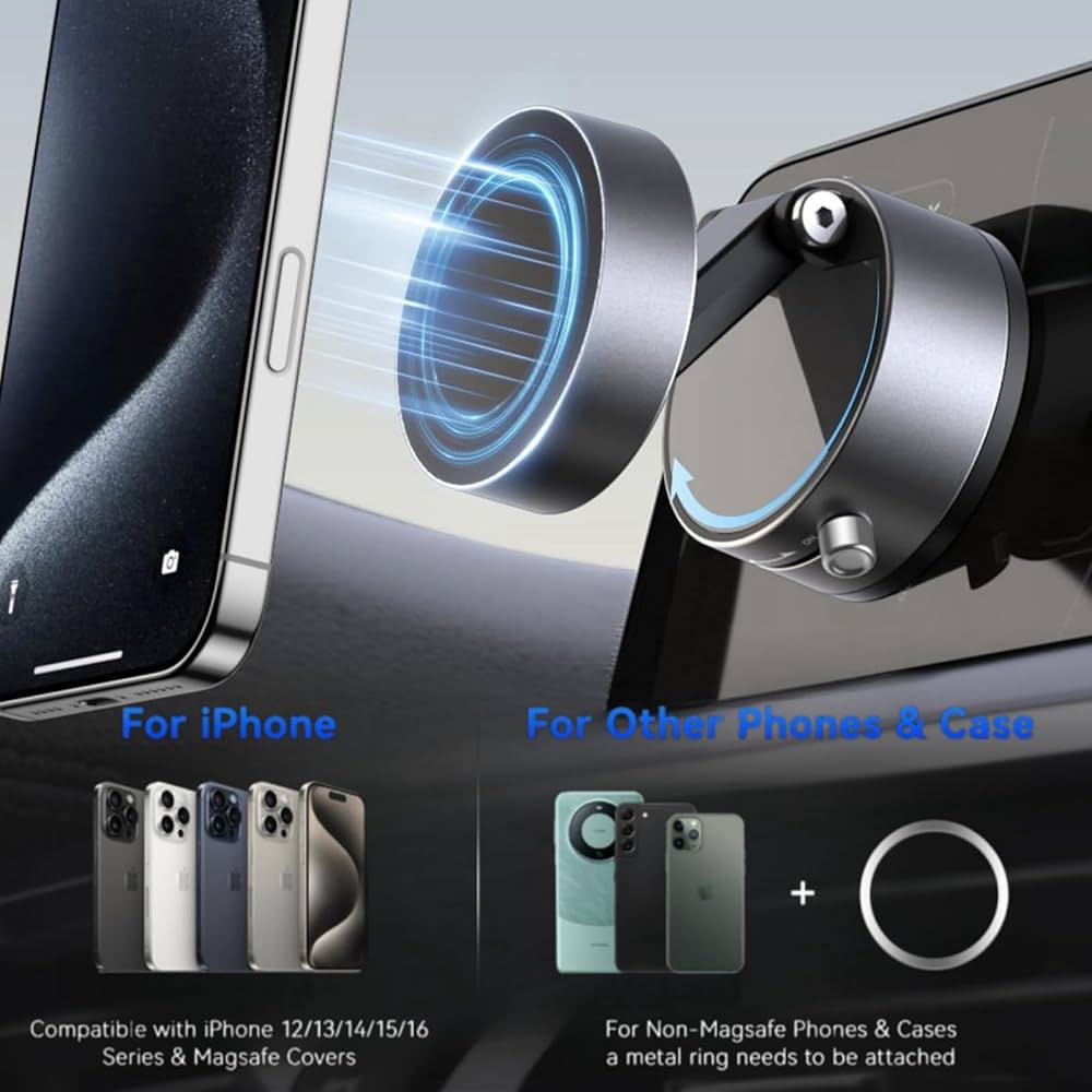 Problems Solved vacuum magnetic suction phone holder with 360° rotatable mount attached to a car dashboard or surface.