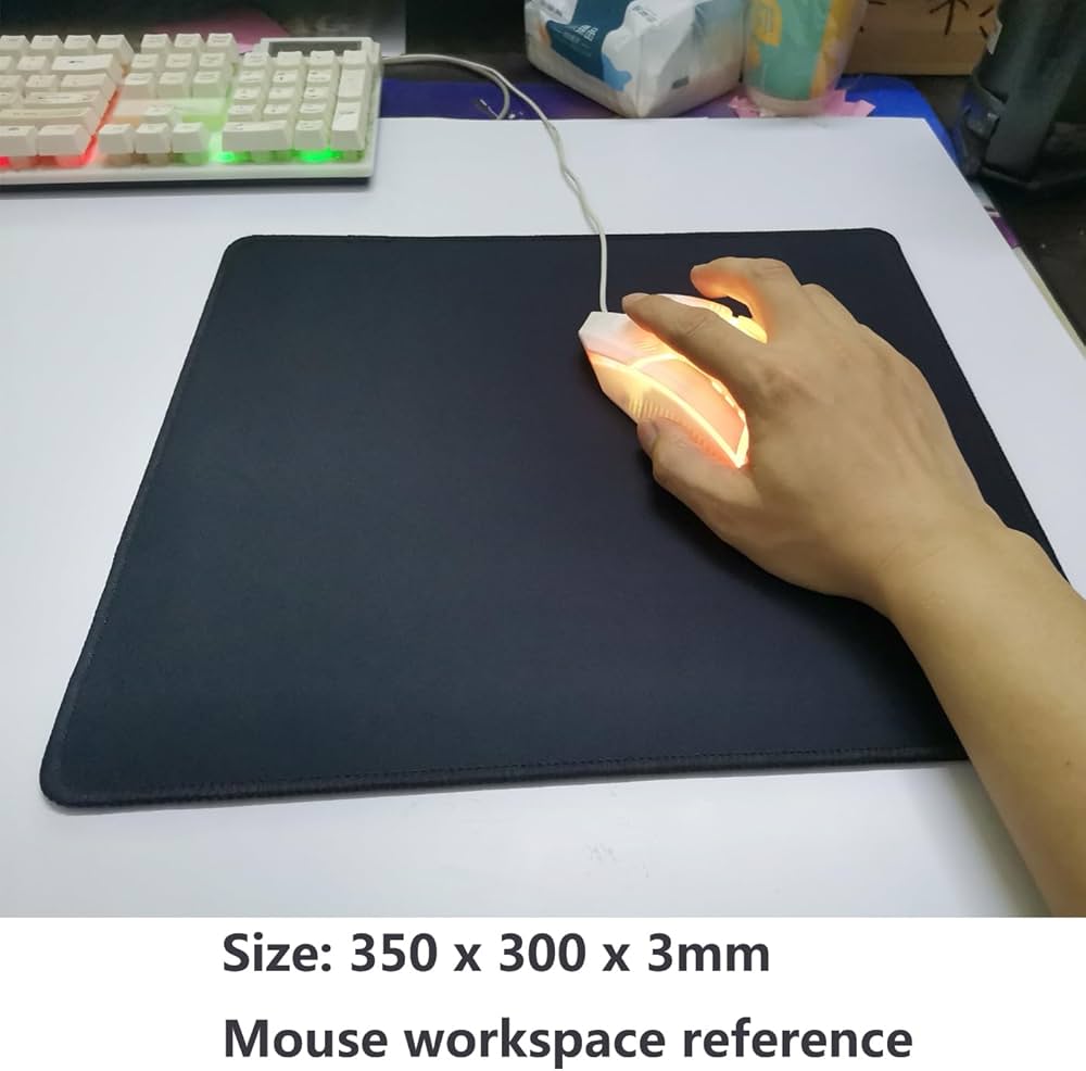 Pure black mouse mat by Problems Solved, 350x300mm with 3mm thickness and anti-slip rubber base for smooth computer use.