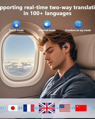 Problems Solved Translation Earbuds Real Time AI with 144 Language support, showing sleek black earbuds in a close-up shot.