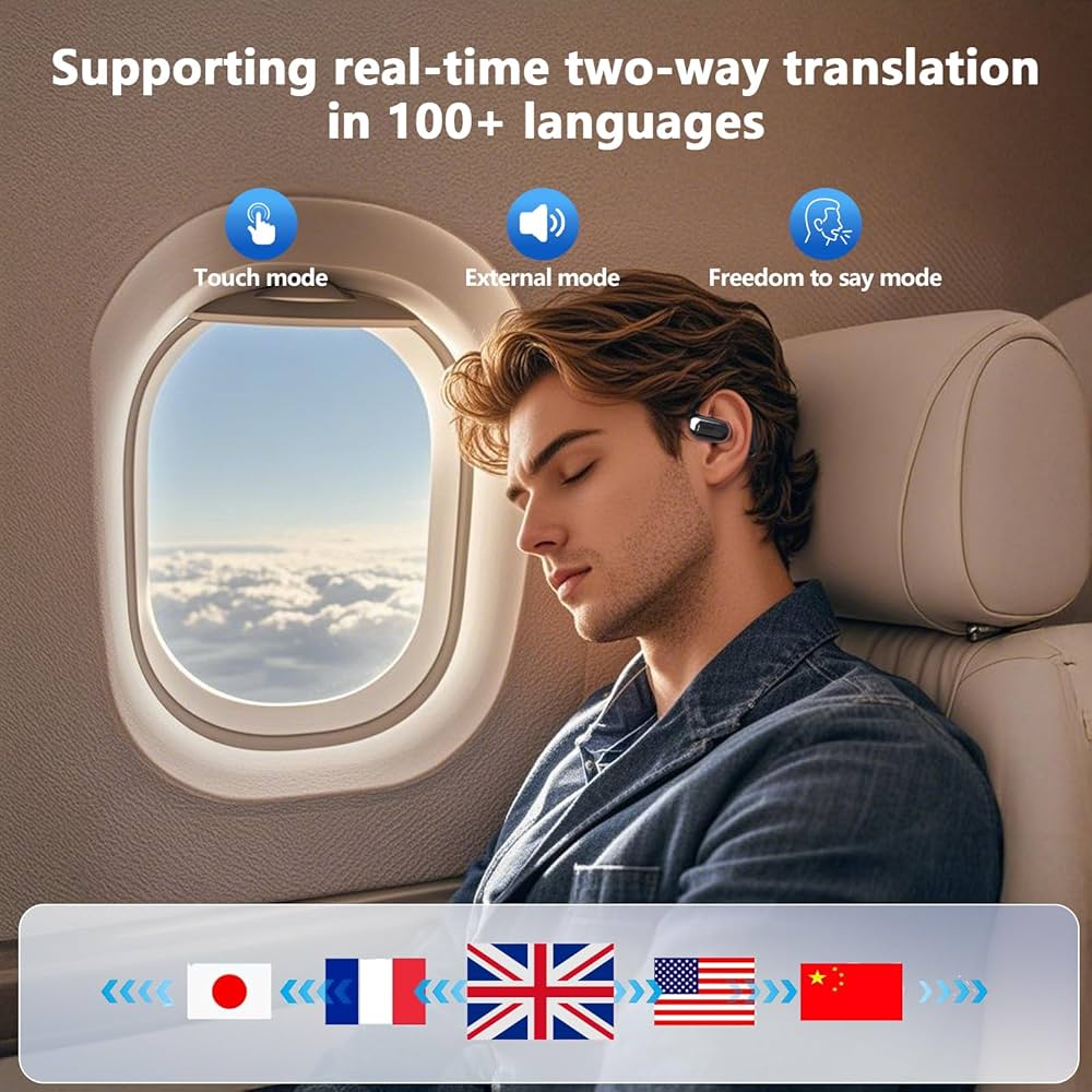 Problems Solved Translation Earbuds Real Time AI with 144 Language support, showing sleek black earbuds in a close-up shot.