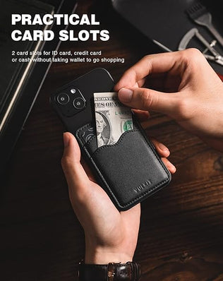 Slim leather card holder for phones by Problems Solved, adhesive design, suitable for men and women, holds credit cards and IDs.
