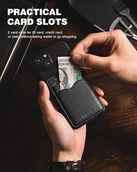 Slim leather card holder for phones by Problems Solved, adhesive design, suitable for men and women, holds credit cards and IDs.